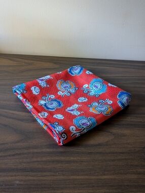 Made In Italy Red Paisley Satin Scarf with Blue & Orange Accents